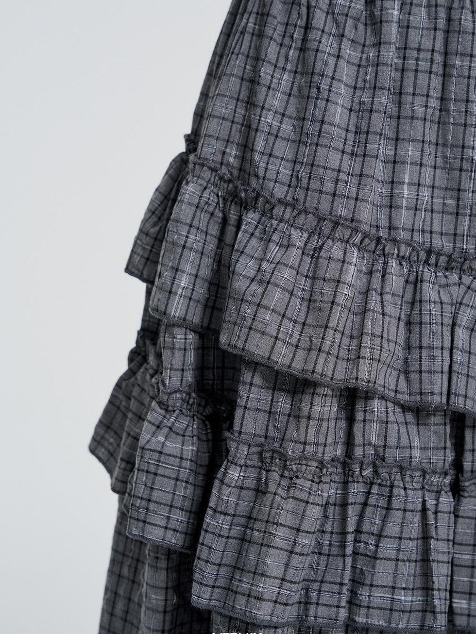 VEEMIX Plaid Asymmetric Ruffle Tiered Women&