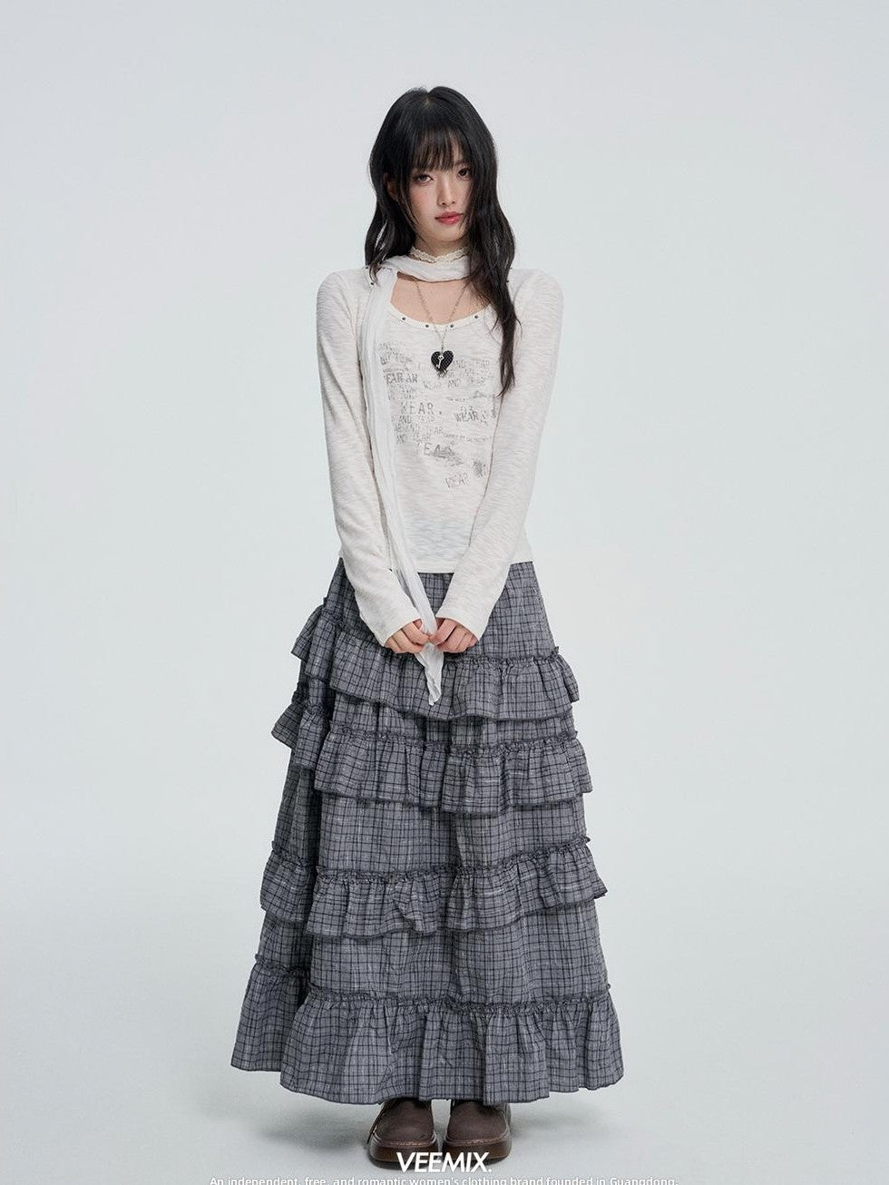 VEEMIX Plaid Asymmetric Ruffle Tiered Women&