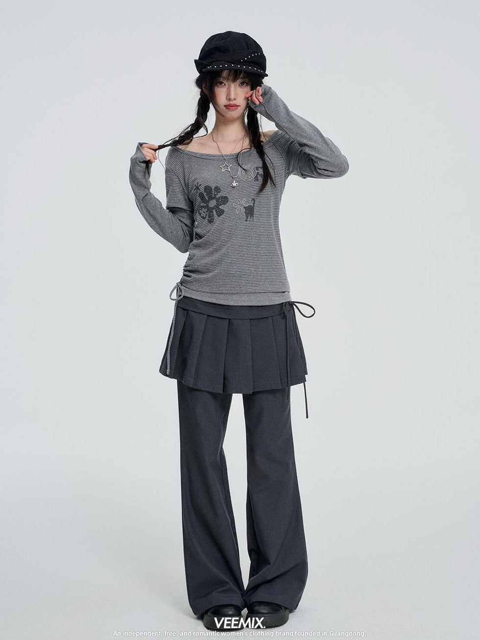 VEEMIX Pleated Skirt Layered Flare High Waist Zipper Women&
