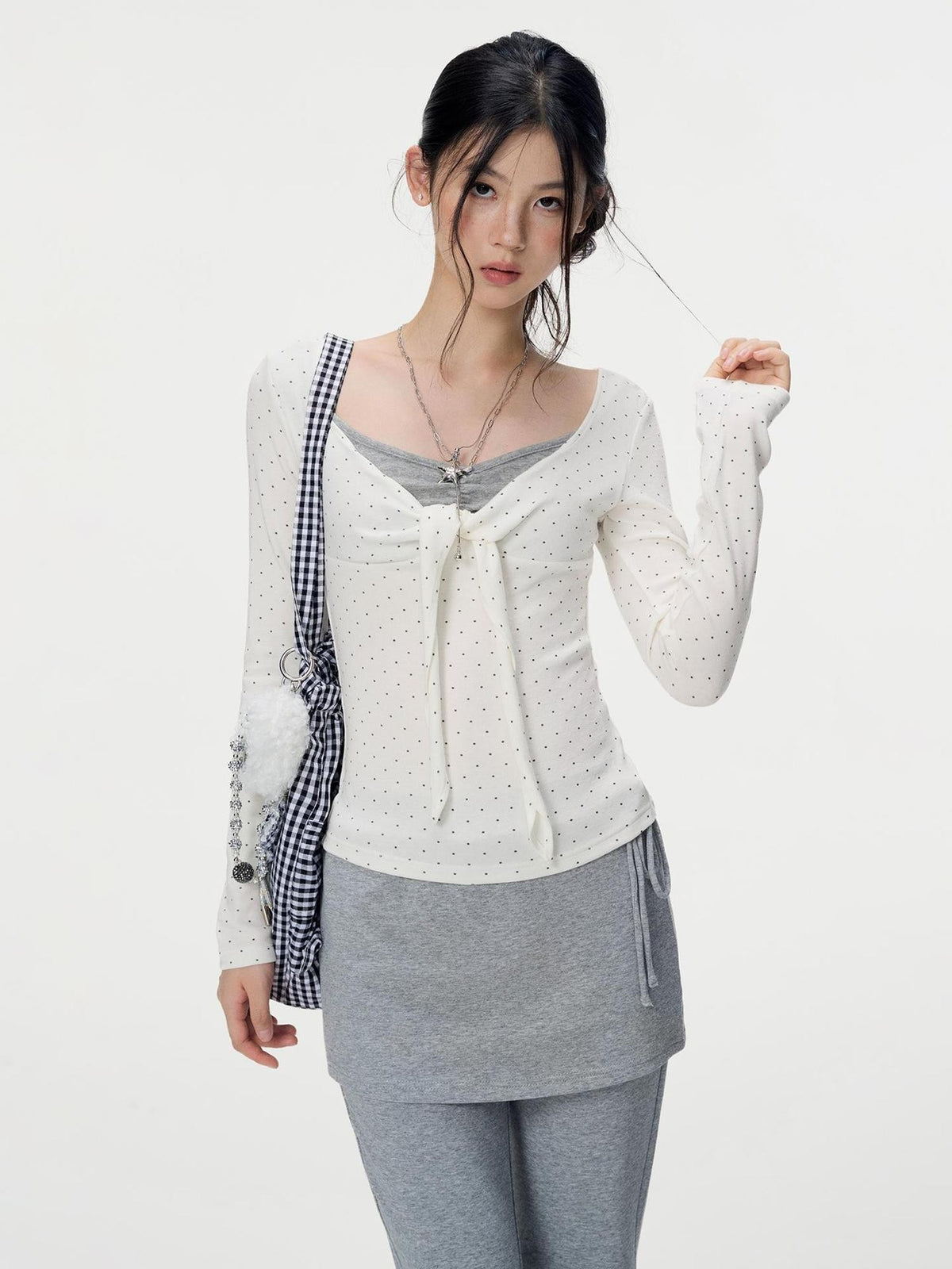 VEEMIX Polka Dot Lace Up Faux Two Piece Women&