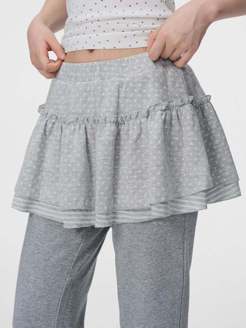 VEEMIX Polka Dot Layered Look High Waist Straight Leg Cotton Women&