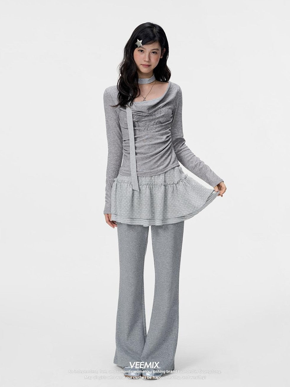 VEEMIX Polka Dot Layered Look High Waist Straight Leg Cotton Women&