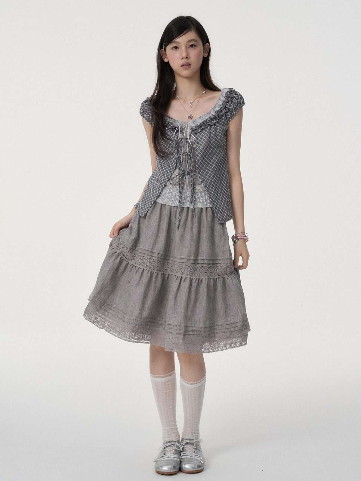 VEEMIX Puff Sleeve Plaid Lace Ruffled Faux Layered Tie Front Women&