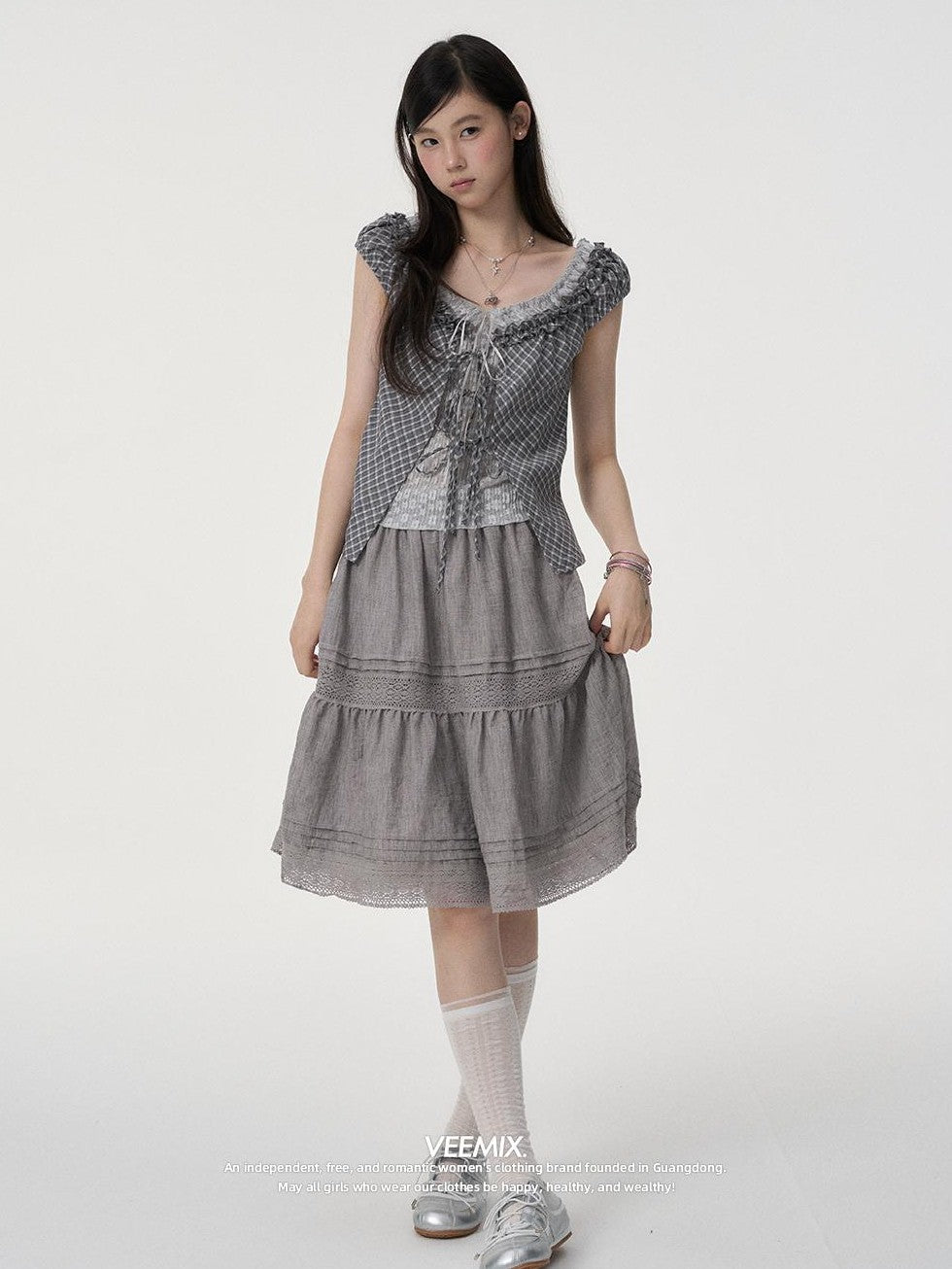 VEEMIX Puff Sleeve Plaid Lace Ruffled Faux Layered Tie Front Women&