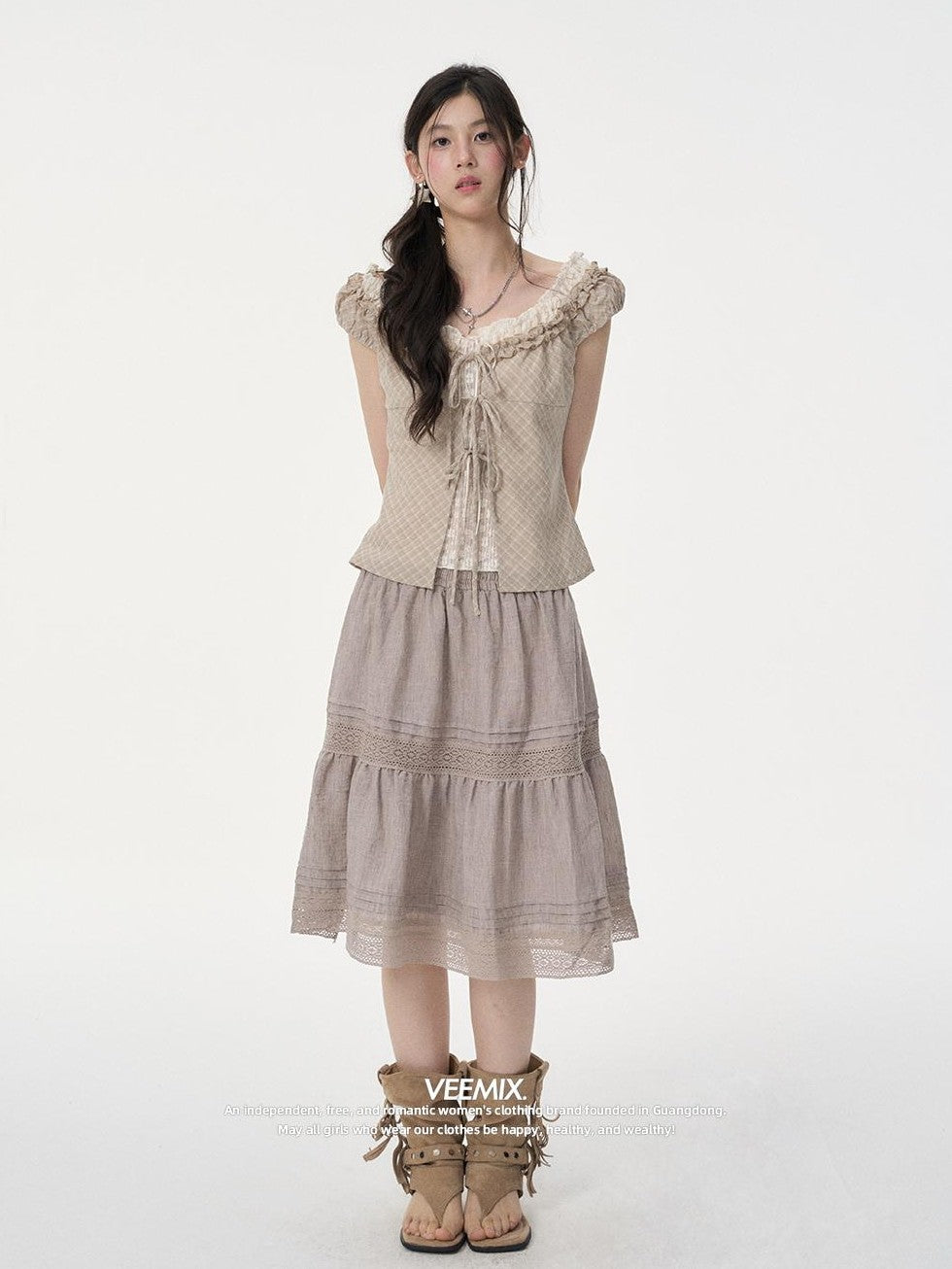 VEEMIX Puff Sleeve Plaid Lace Ruffled Faux Layered Tie Front Women&