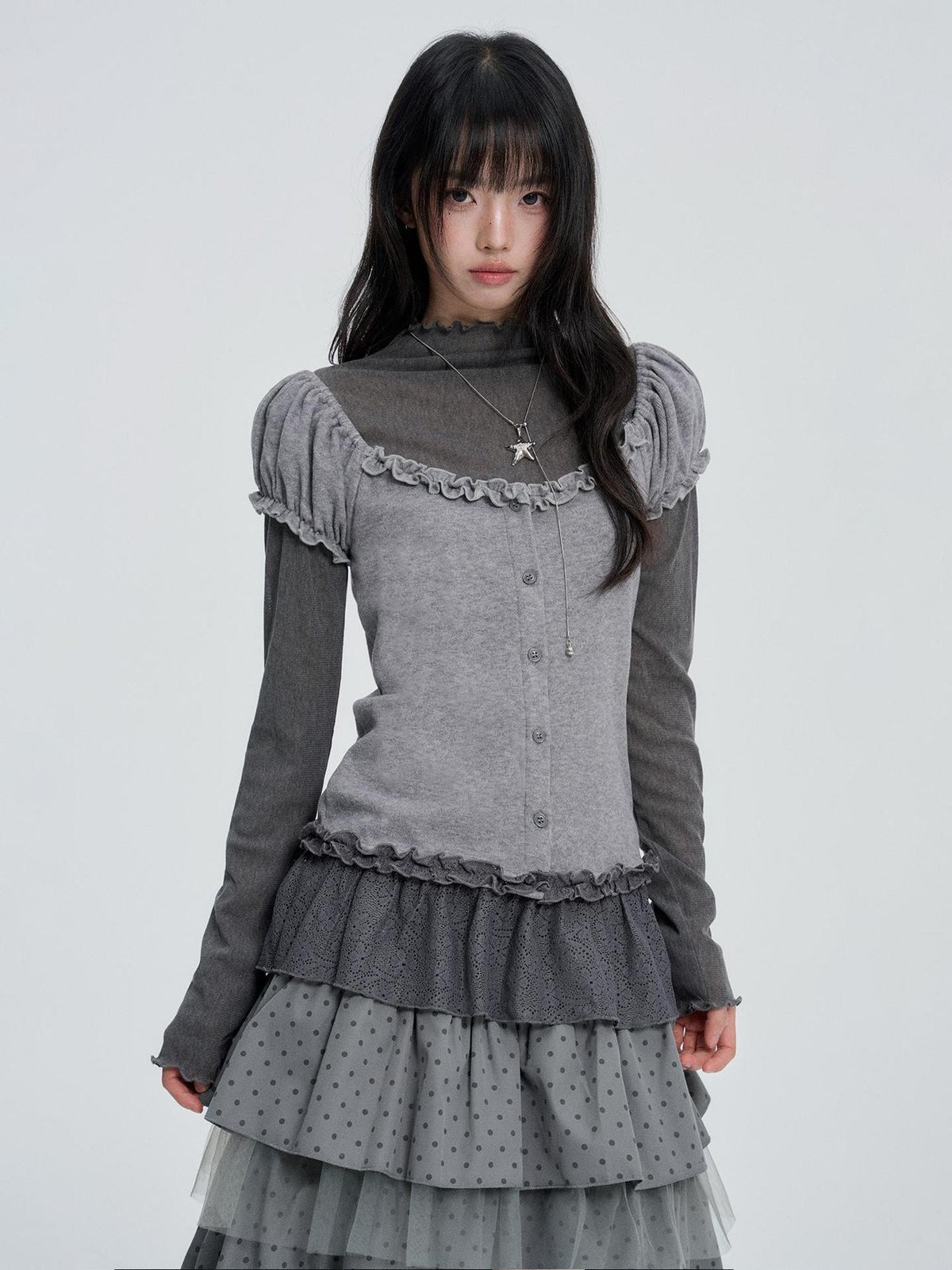 VEEMIX Solid Puff Sleeve Two Piece Slim Fit Korean Women&