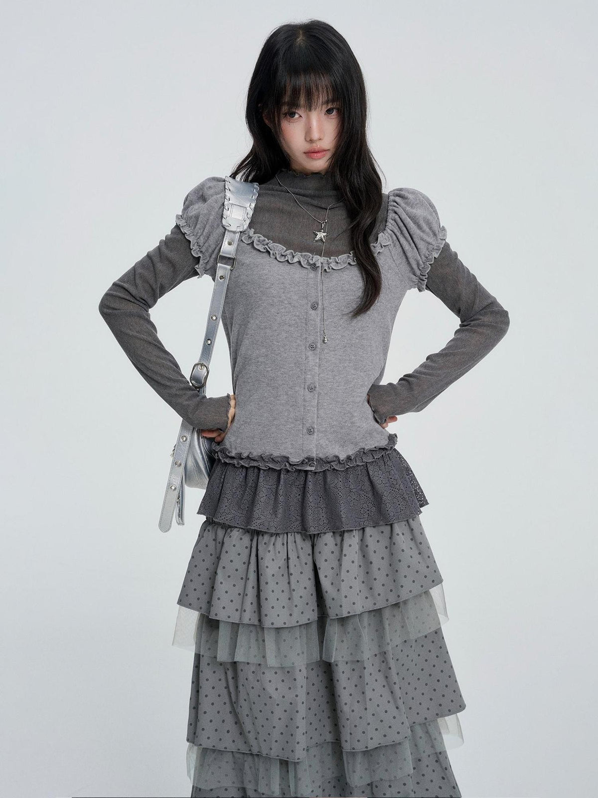 VEEMIX Solid Puff Sleeve Two Piece Slim Fit Korean Women&