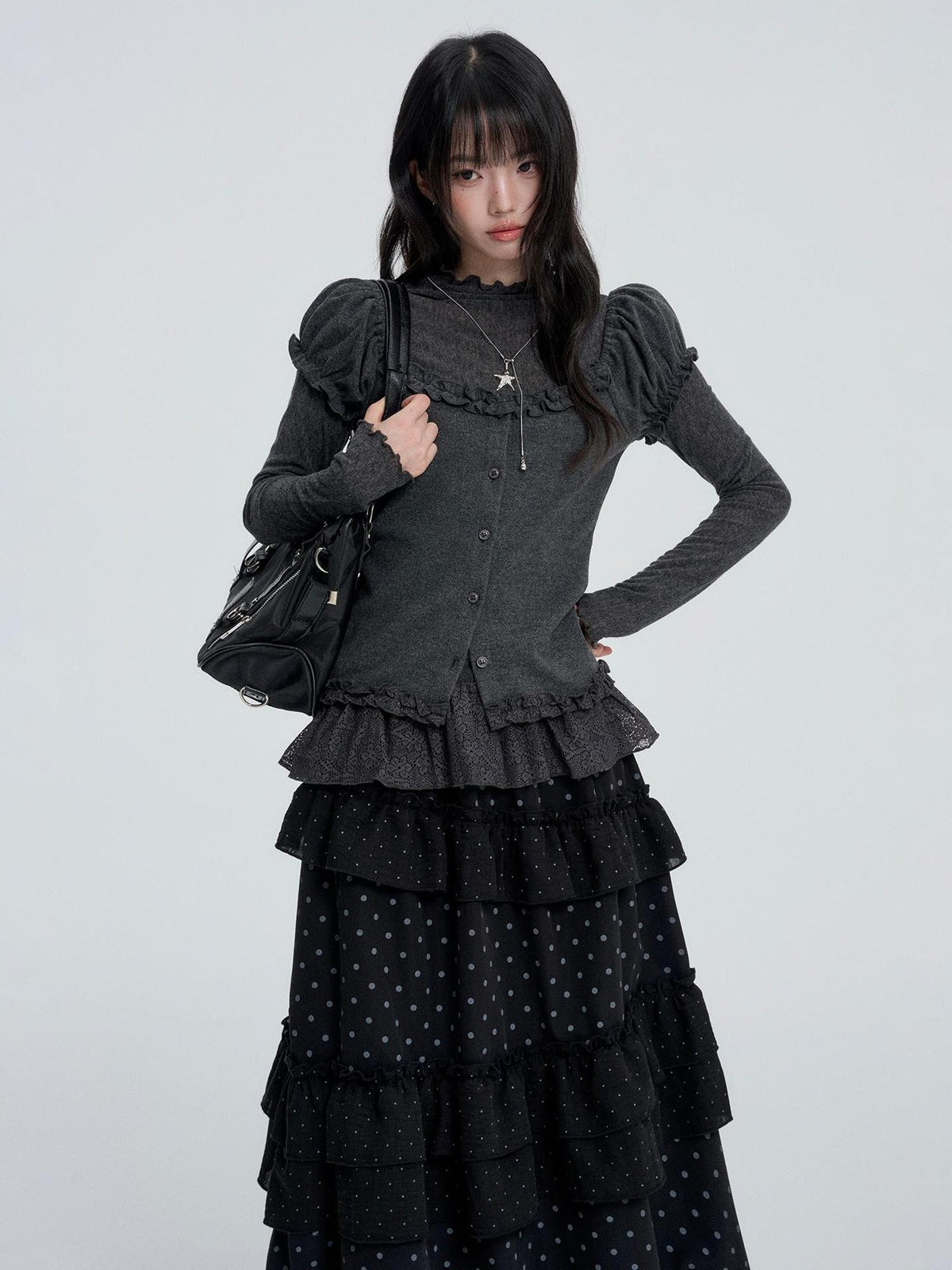 VEEMIX Solid Puff Sleeve Two Piece Slim Fit Korean Women&