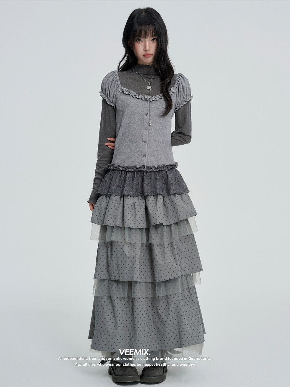 VEEMIX Solid Puff Sleeve Two Piece Slim Fit Korean Women&