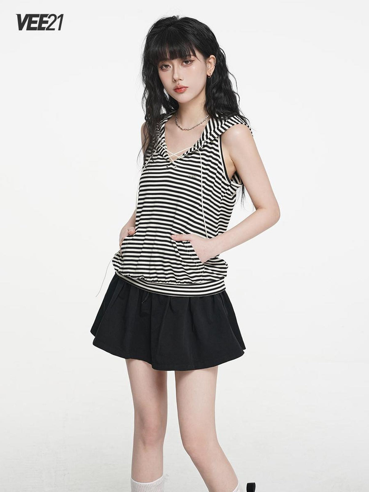 VEEMIX Striped Hooded Lace Up Women&
