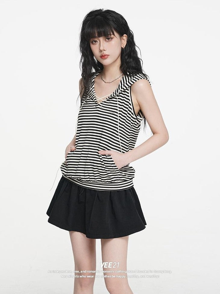 VEEMIX Striped Hooded Lace Up Women&