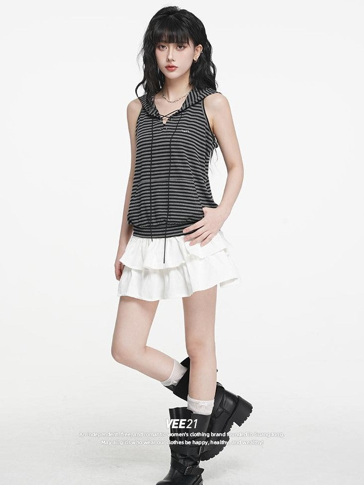 VEEMIX Striped Hooded Lace Up Women&