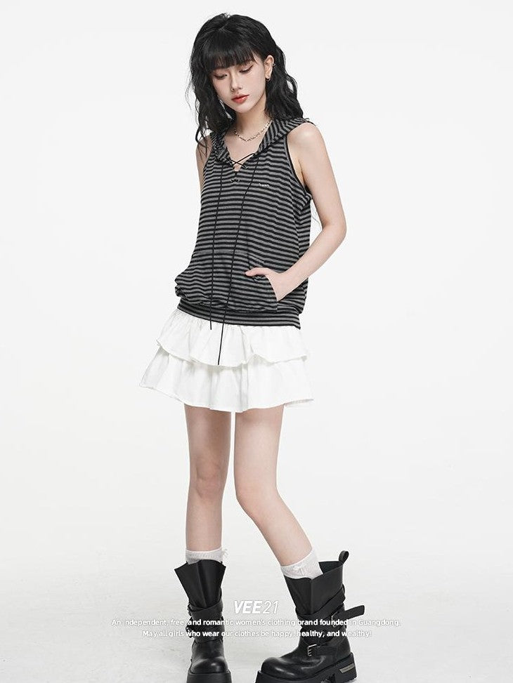 VEEMIX Striped Hooded Lace Up Women&