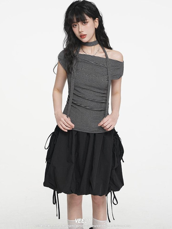 VEEMIX Striped One Shoulder Rhinestone Ruched High Waist Slim Fit Women&