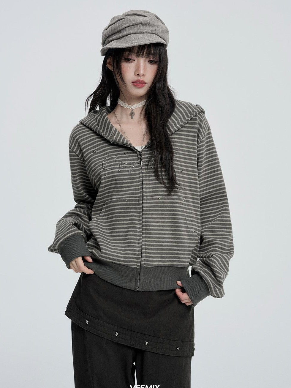VEEMIX Striped Rivet Loose Korean Short Cotton Women&