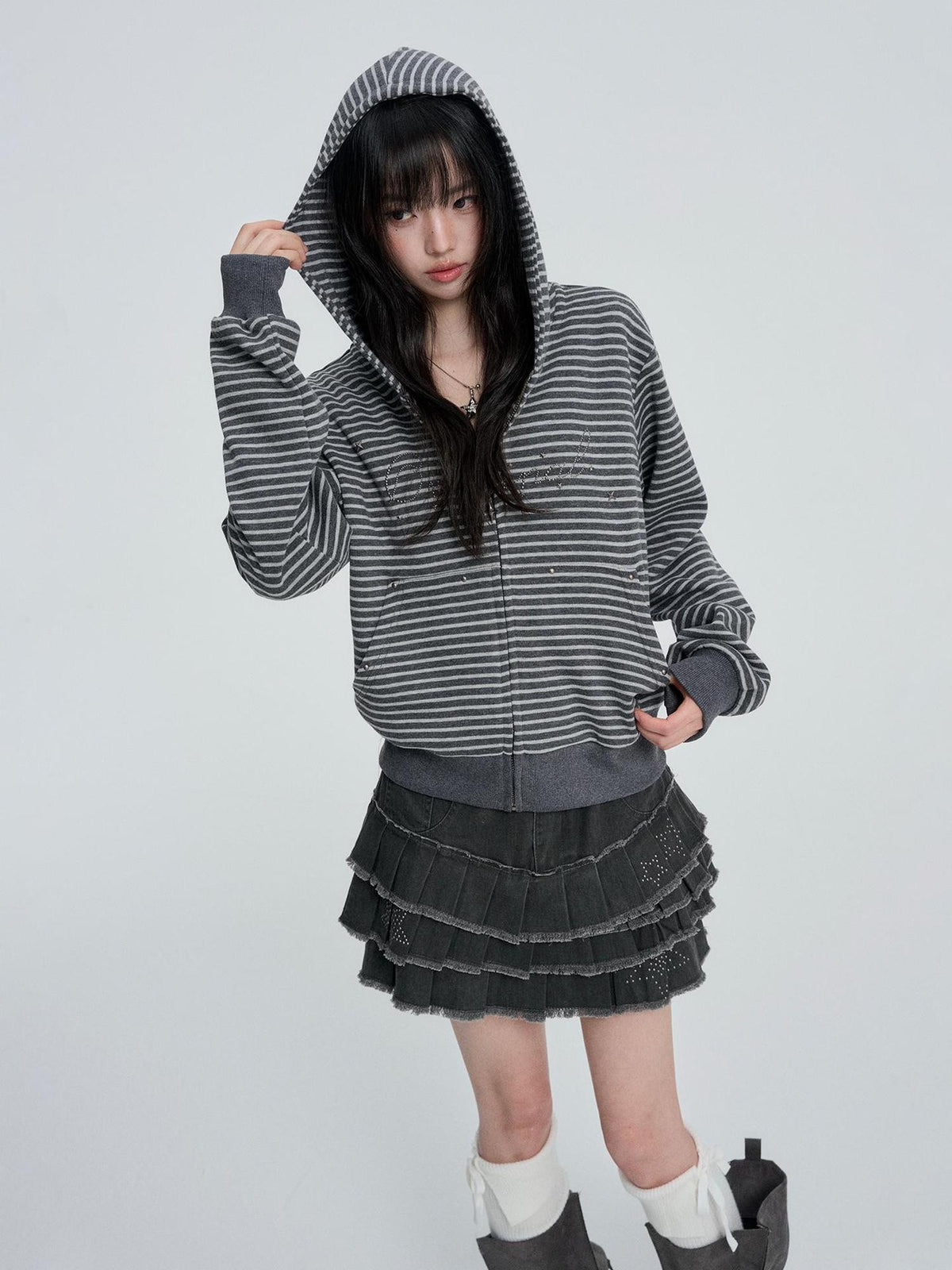 VEEMIX Striped Rivet Loose Korean Short Cotton Women&