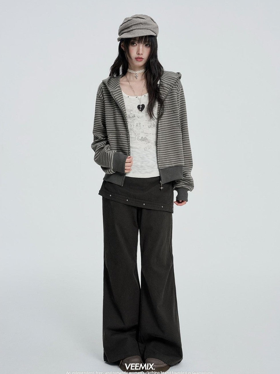 VEEMIX Striped Rivet Loose Korean Short Cotton Women&
