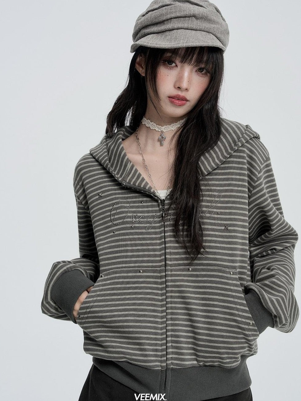 VEEMIX Striped Rivet Loose Korean Short Cotton Women&