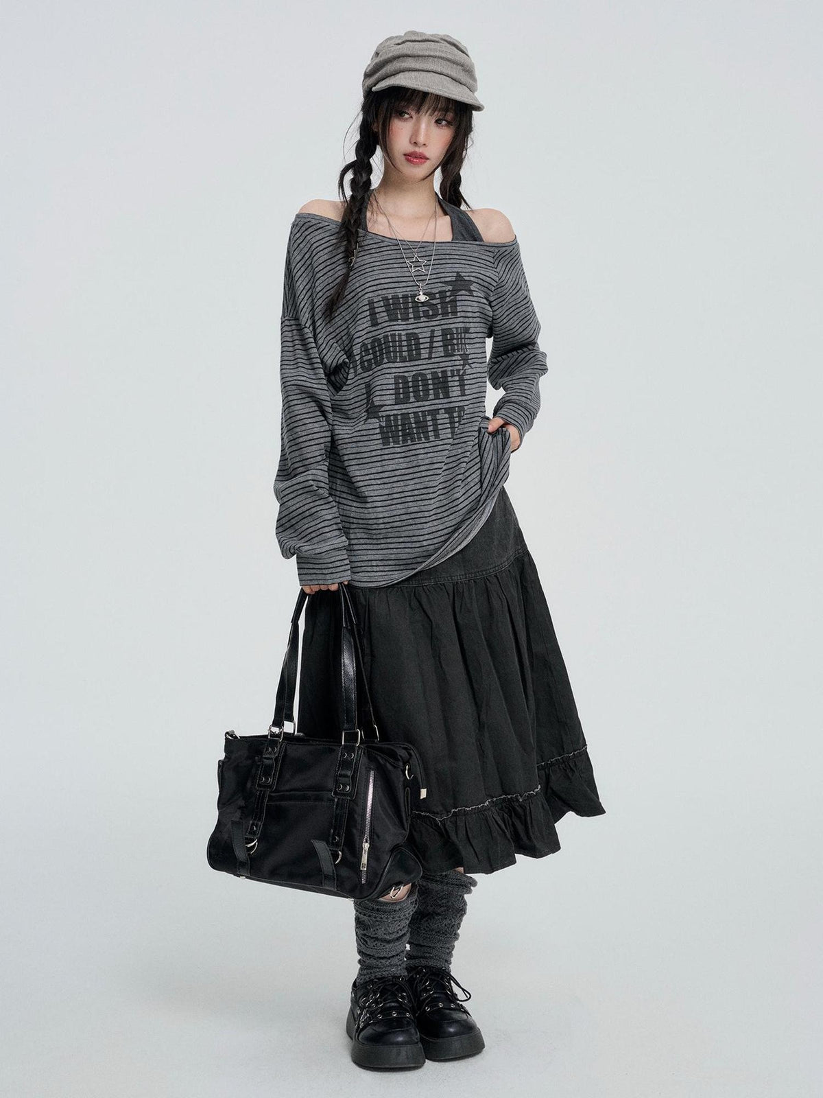 VEEMIX Vintage Washed Grey Denim Pleated Ruffle A Line Women&