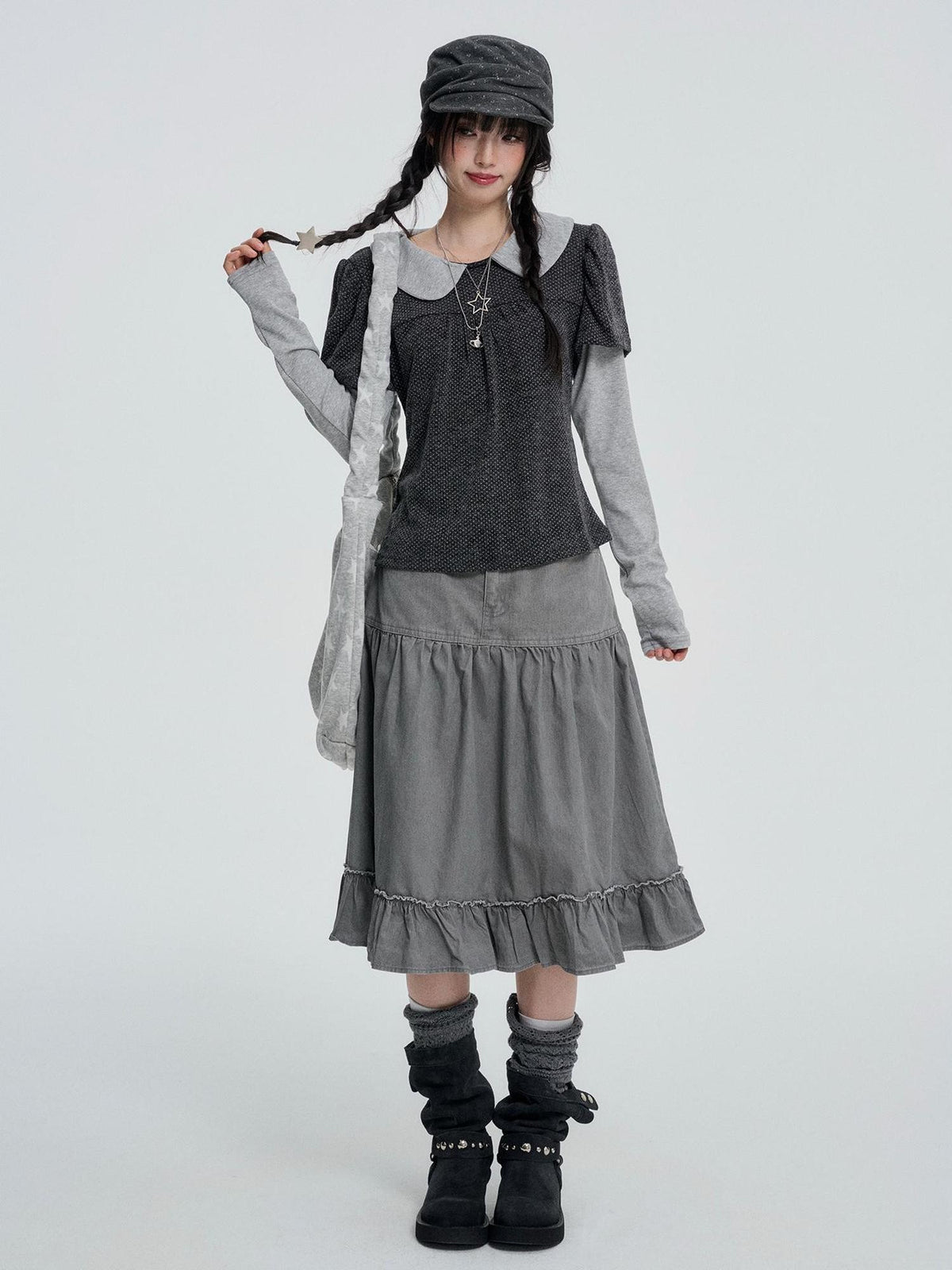 VEEMIX Vintage Washed Grey Denim Pleated Ruffle A Line Women&