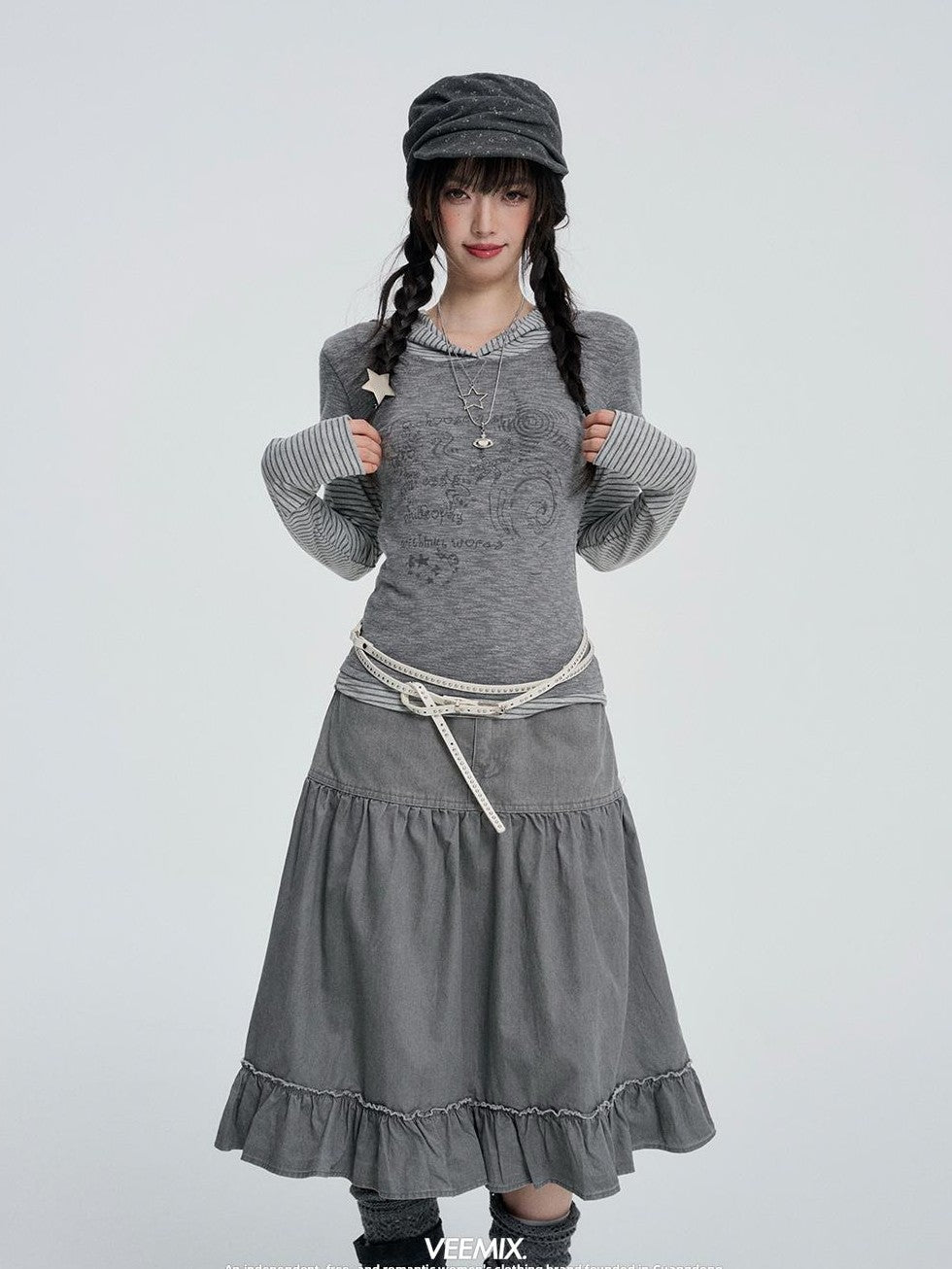 VEEMIX Vintage Washed Grey Denim Pleated Ruffle A Line Women&