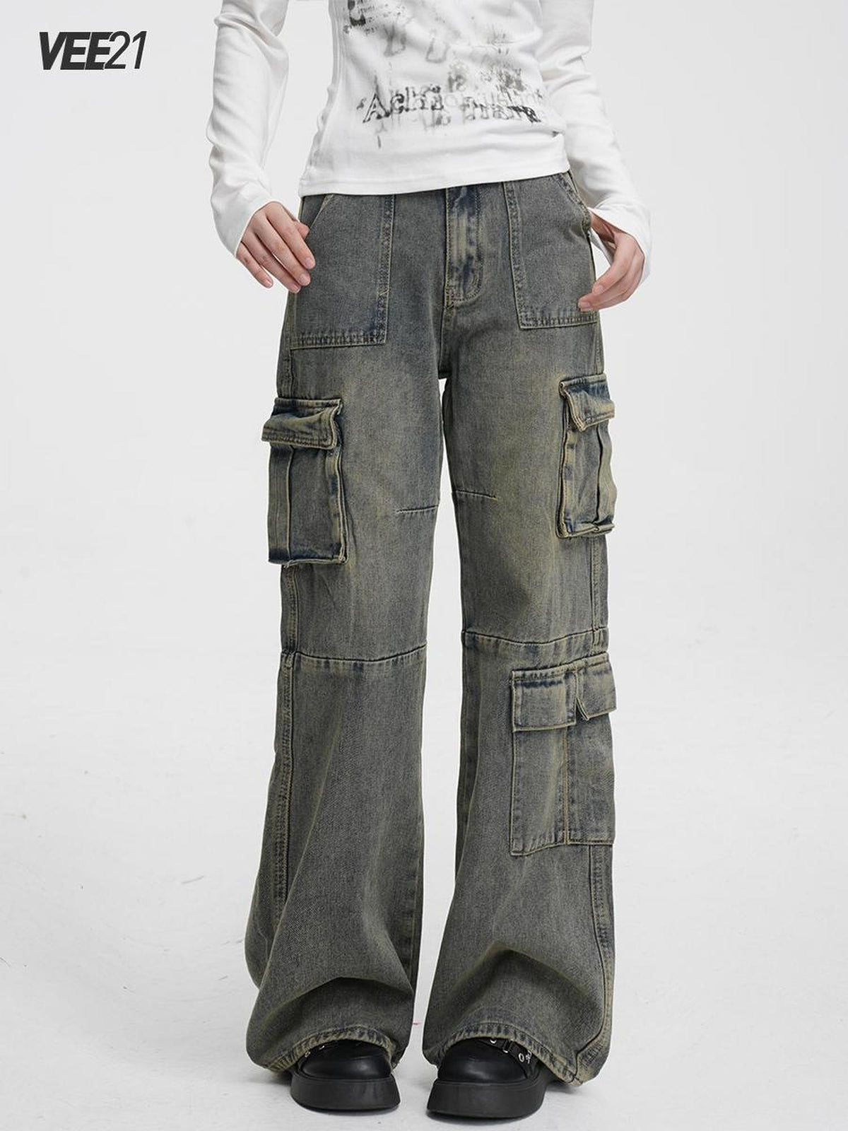 VEEMIX Vintage Washed High Waist Pocket Cotton Women&