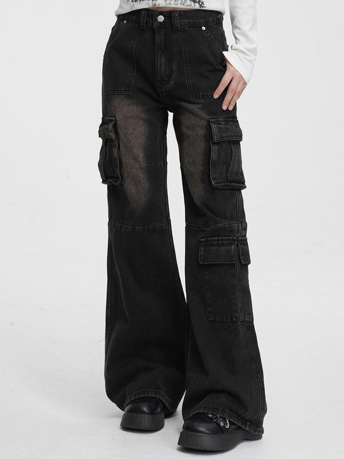 VEEMIX Vintage Washed High Waist Pocket Cotton Women&