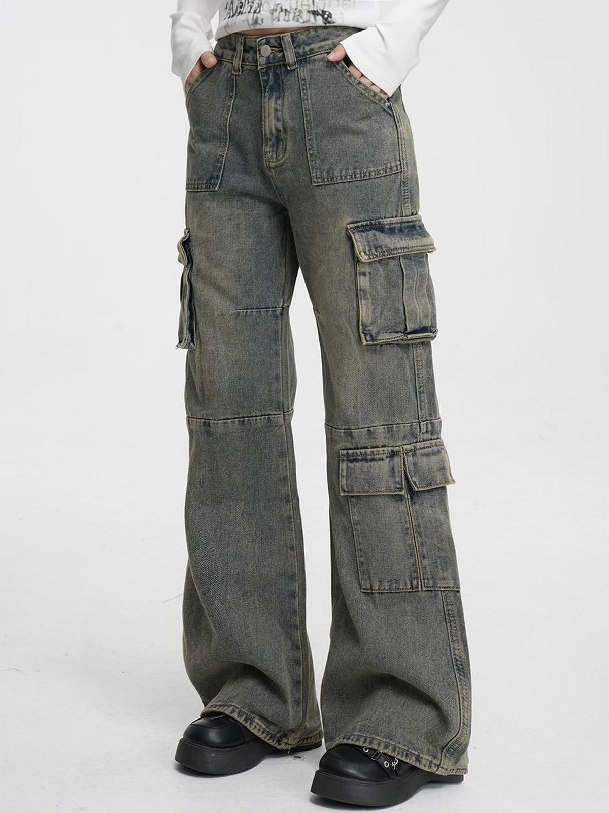 VEEMIX Vintage Washed High Waist Pocket Cotton Women&