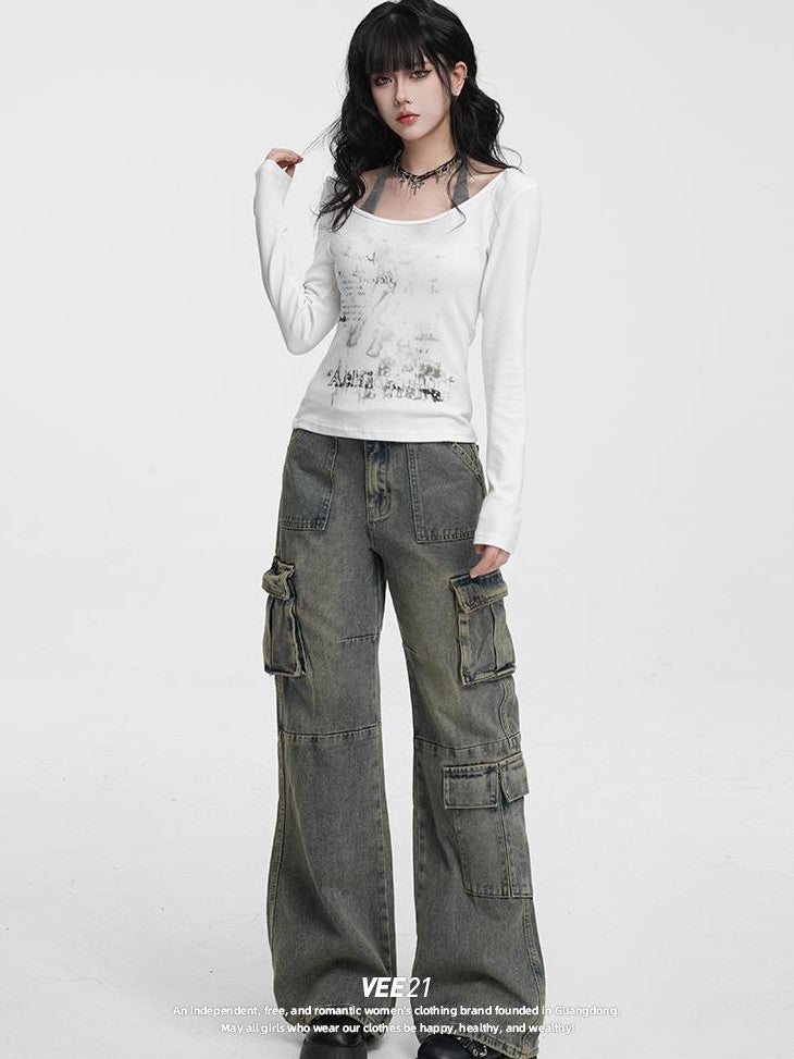 VEEMIX Vintage Washed High Waist Pocket Cotton Women&
