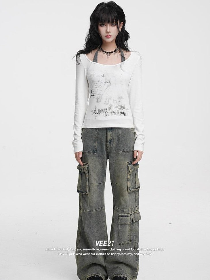 VEEMIX Vintage Washed High Waist Pocket Cotton Women&