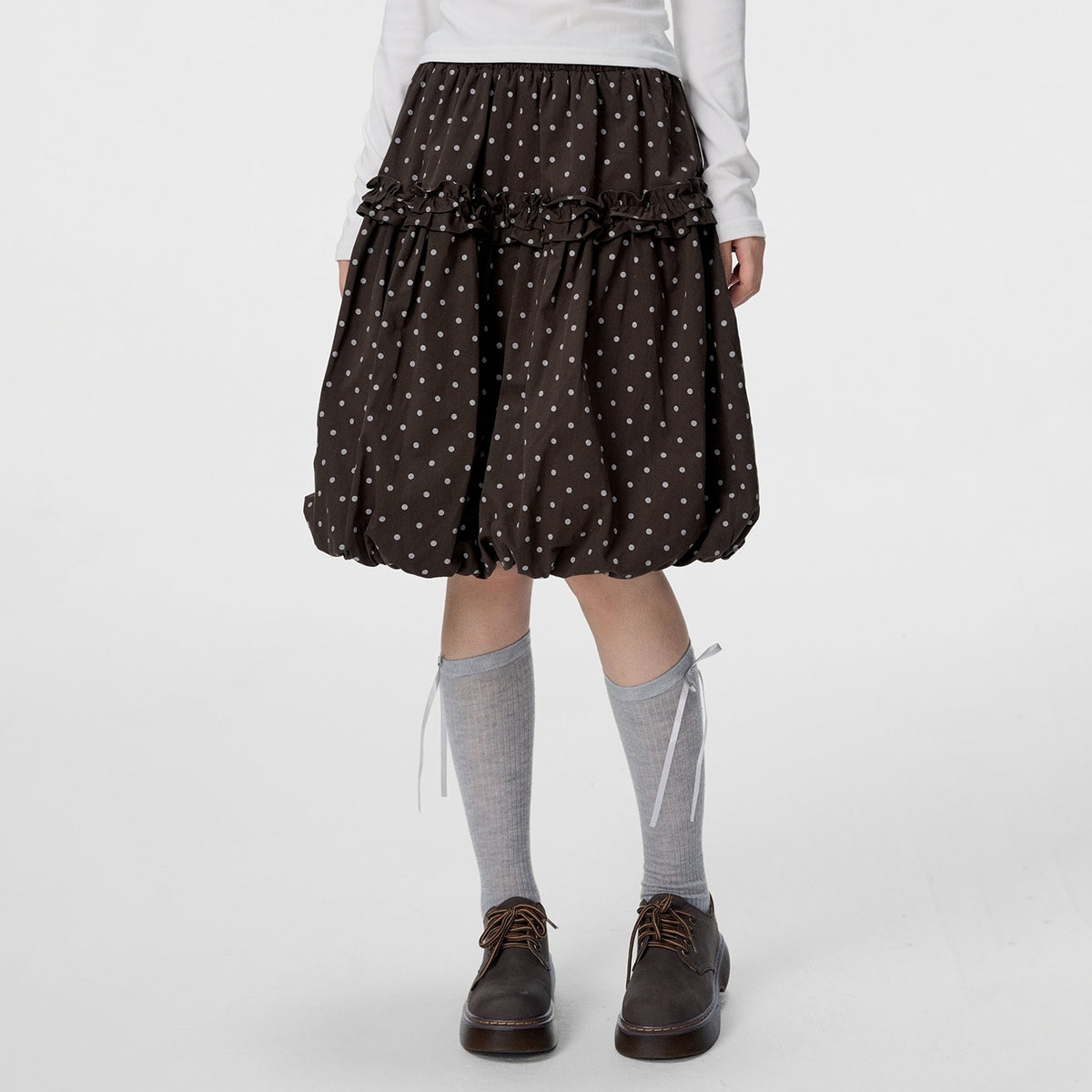 VEEMIX_White_Polka_Dot_Ruched_Bubble_Hem_Loose_Fit_Women&