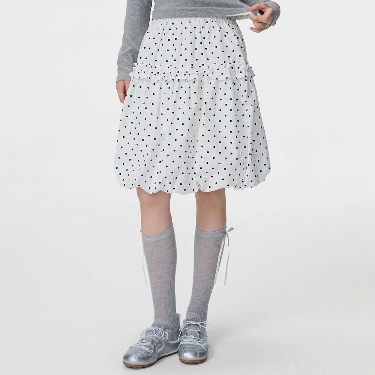 VEEMIX_White_Polka_Dot_Ruched_Bubble_Hem_Loose_Fit_Women&