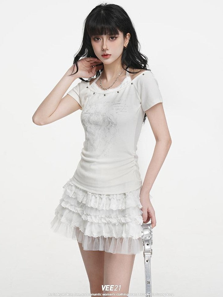 VEEMIX White Print Faux Layered Ruched Halter Women&