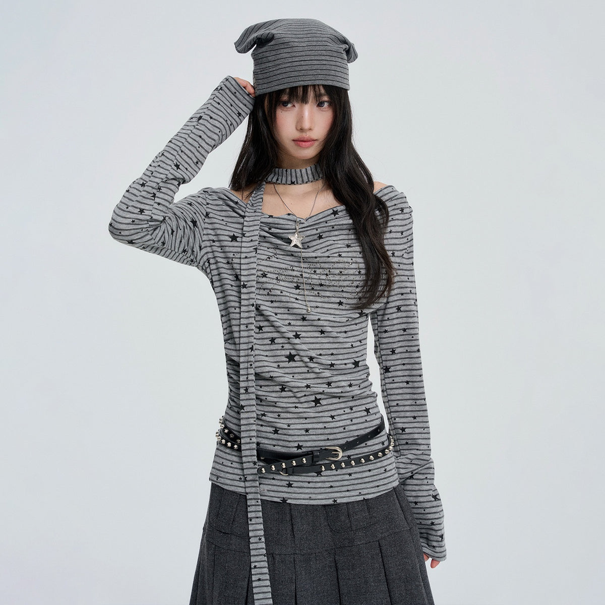 VEEMIX_White_Star_Striped_Print_Sweet_Slim_Fit_Women&