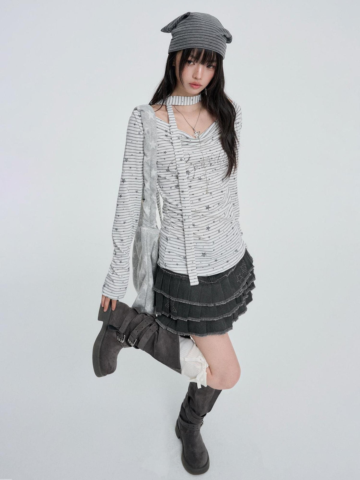 VEEMIX White Star Striped Print Sweet Slim Fit Women&
