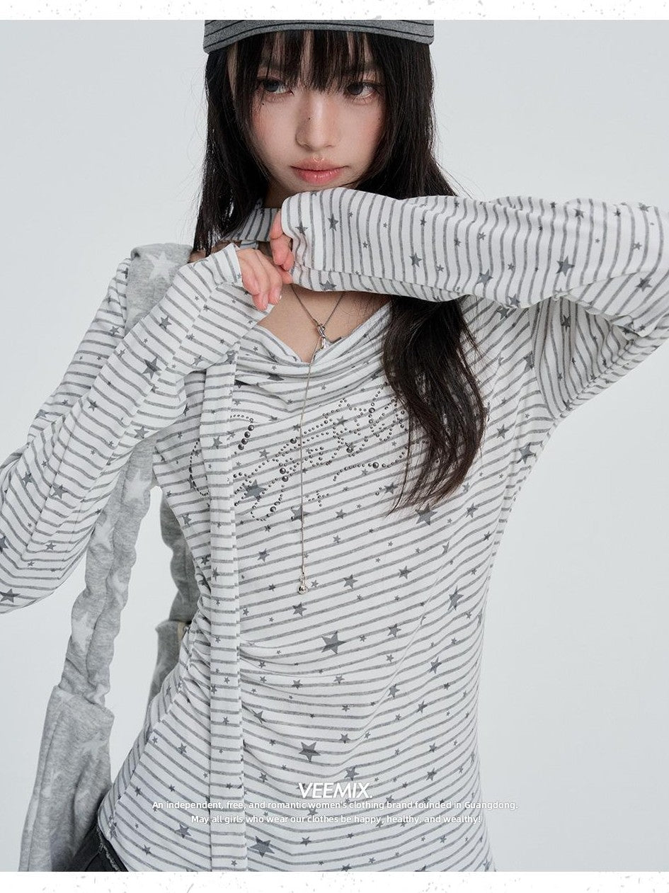 VEEMIX White Star Striped Print Sweet Slim Fit Women&