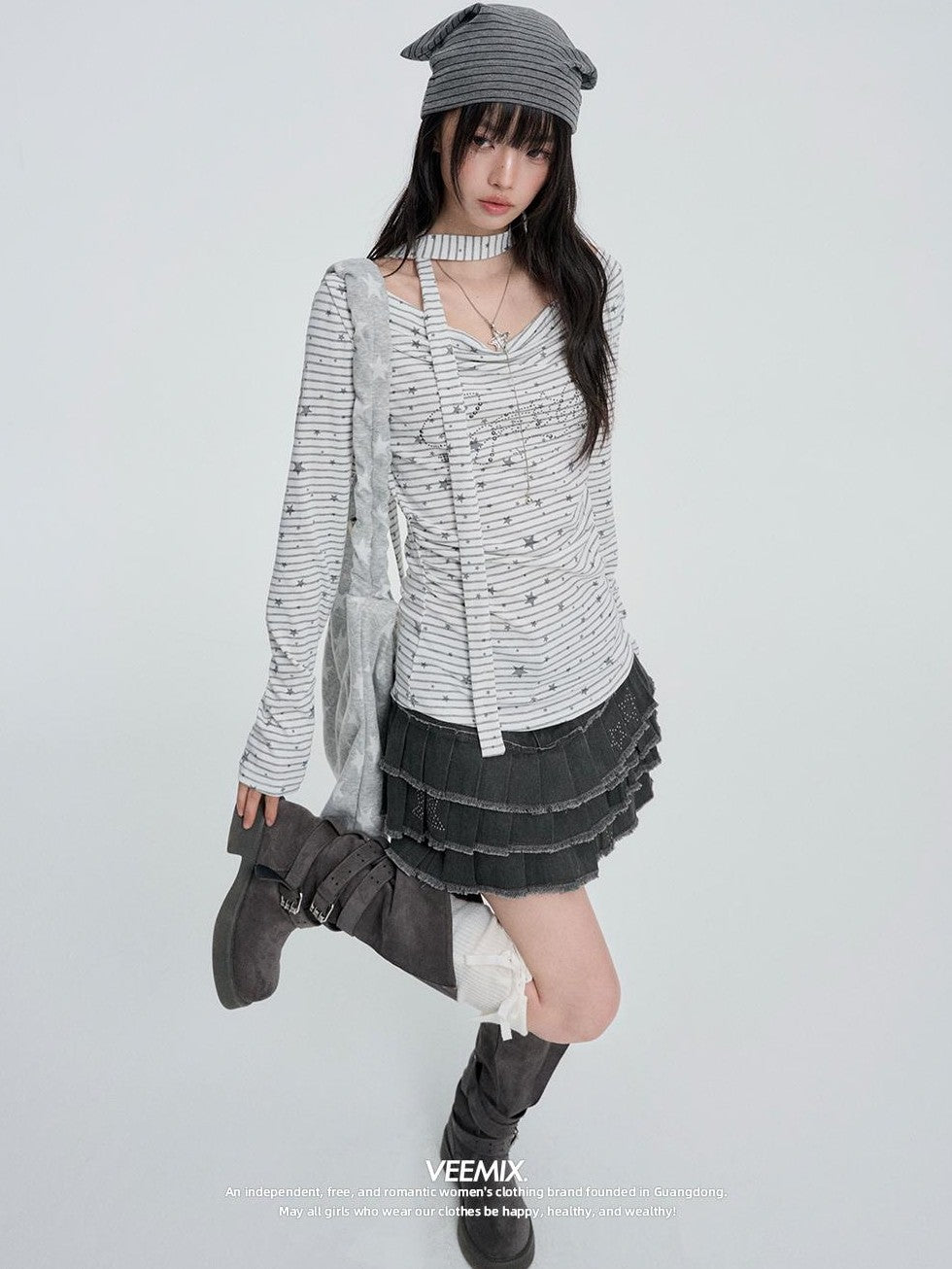 VEEMIX White Star Striped Print Sweet Slim Fit Women&
