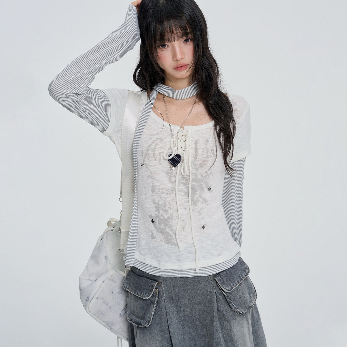 VEEMIX_White_Striped_Layered_Fake_Two_Piece_Women&
