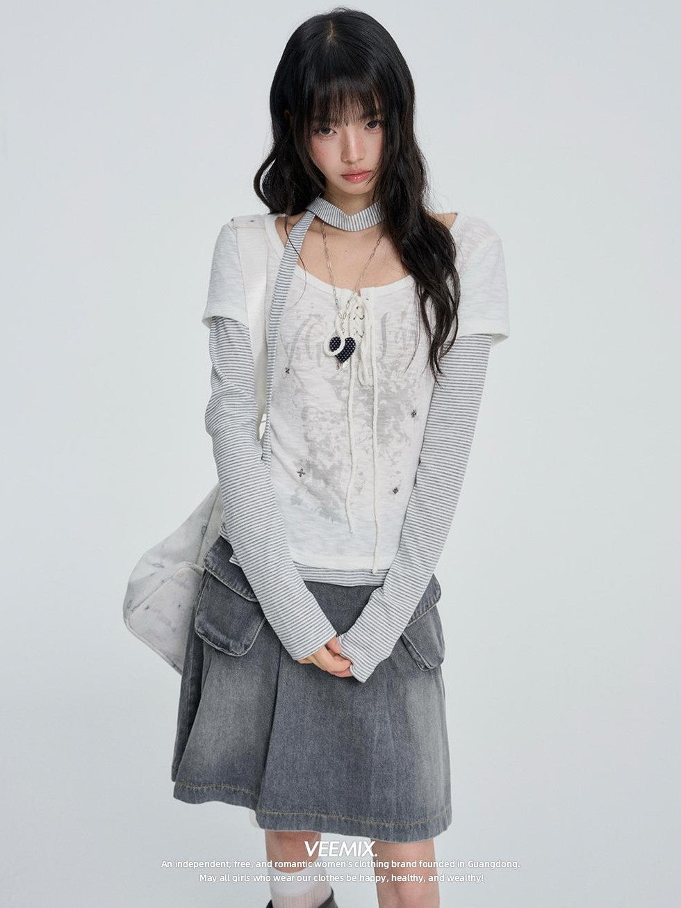 VEEMIX White Striped Layered Fake Two Piece Women&