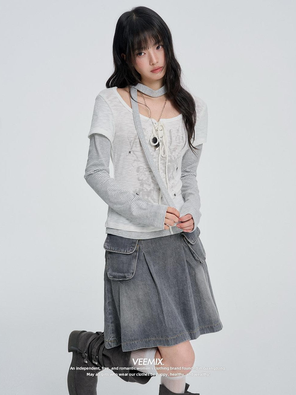 VEEMIX White Striped Layered Fake Two Piece Women&