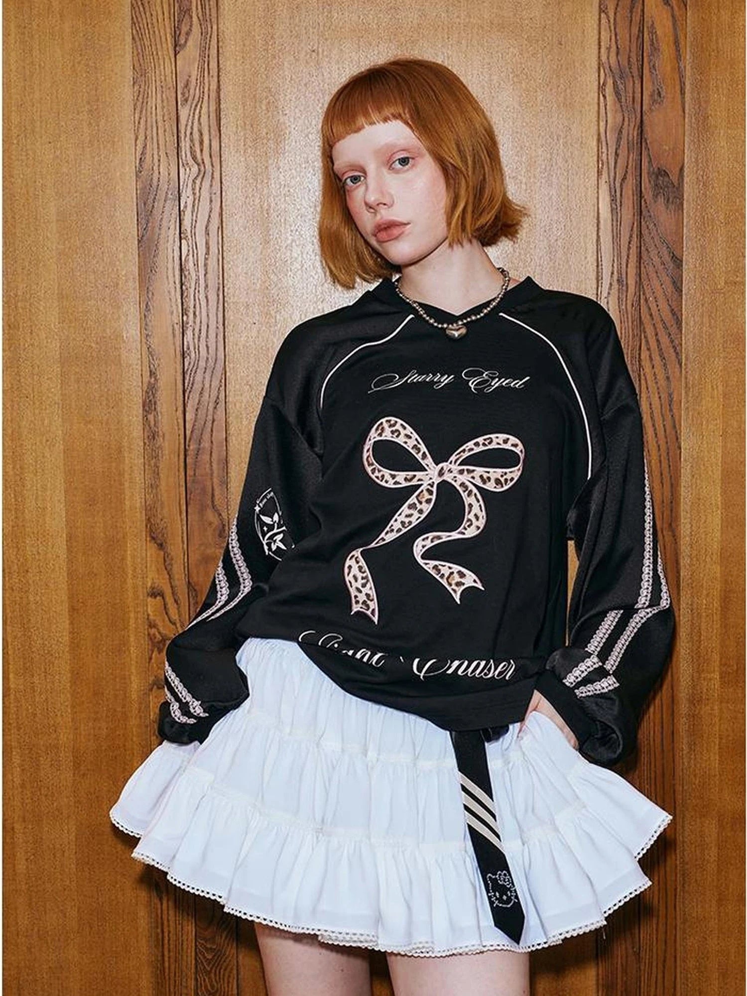 V Neck Bow Leopard Patchwork Lace Print Long Sleeve Jersey