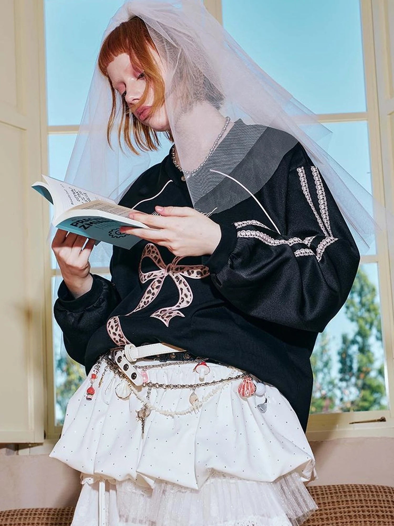 V Neck Bow Leopard Patchwork Lace Print Long Sleeve Jersey