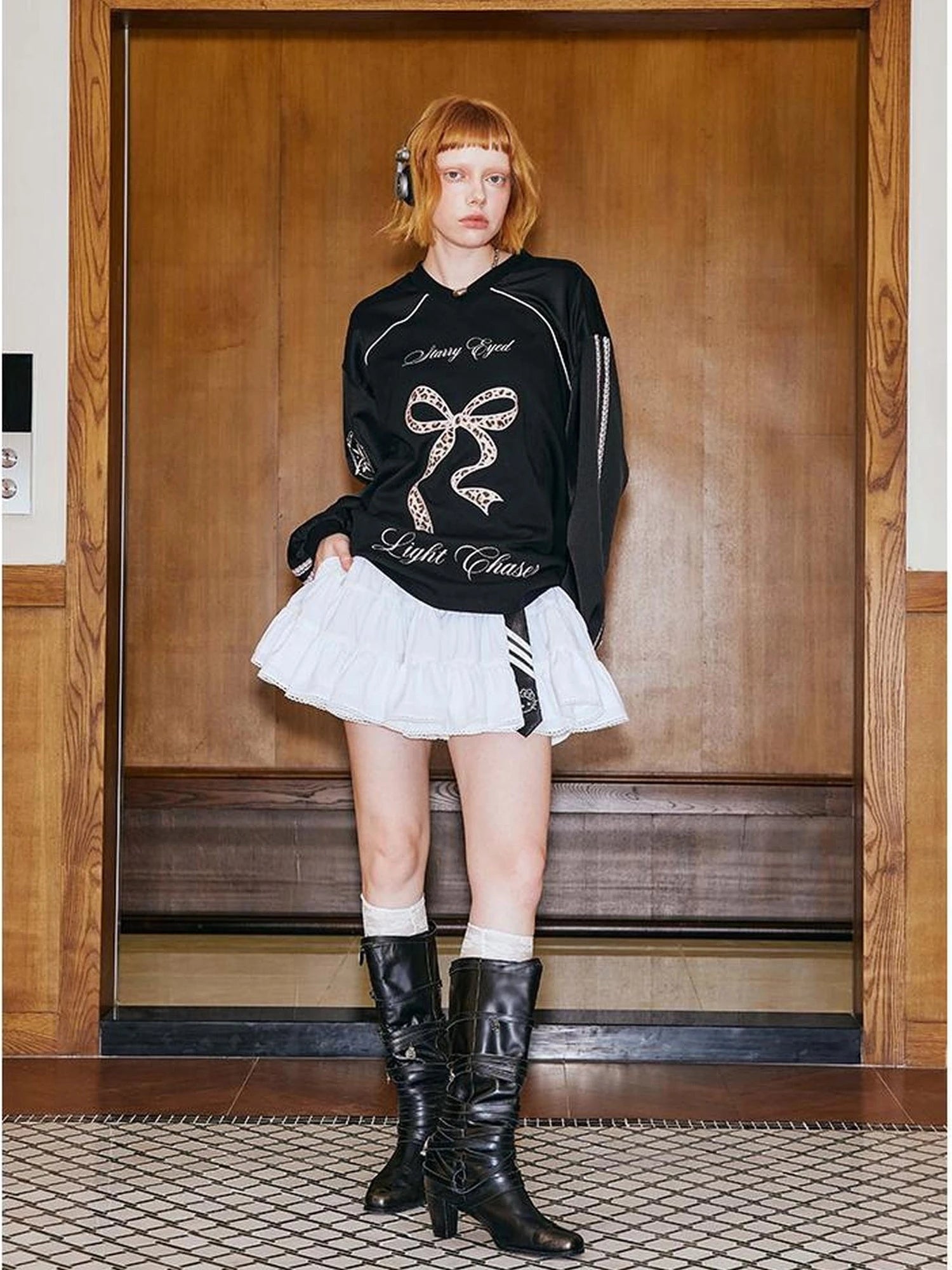 V Neck Bow Leopard Patchwork Lace Print Long Sleeve Jersey