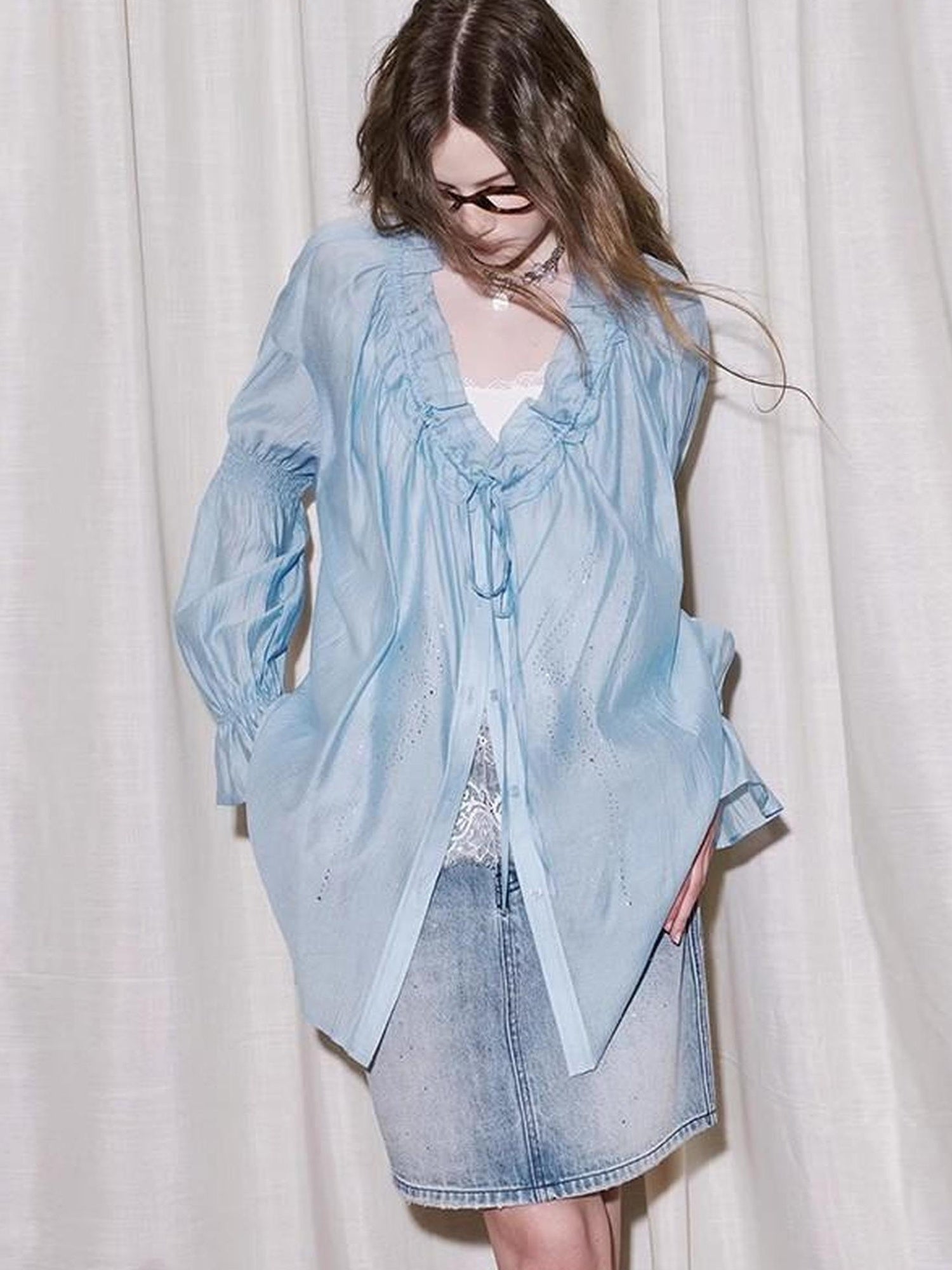 DIDDI MODA V Neck Embroidered Denim Shirt Jeans Set