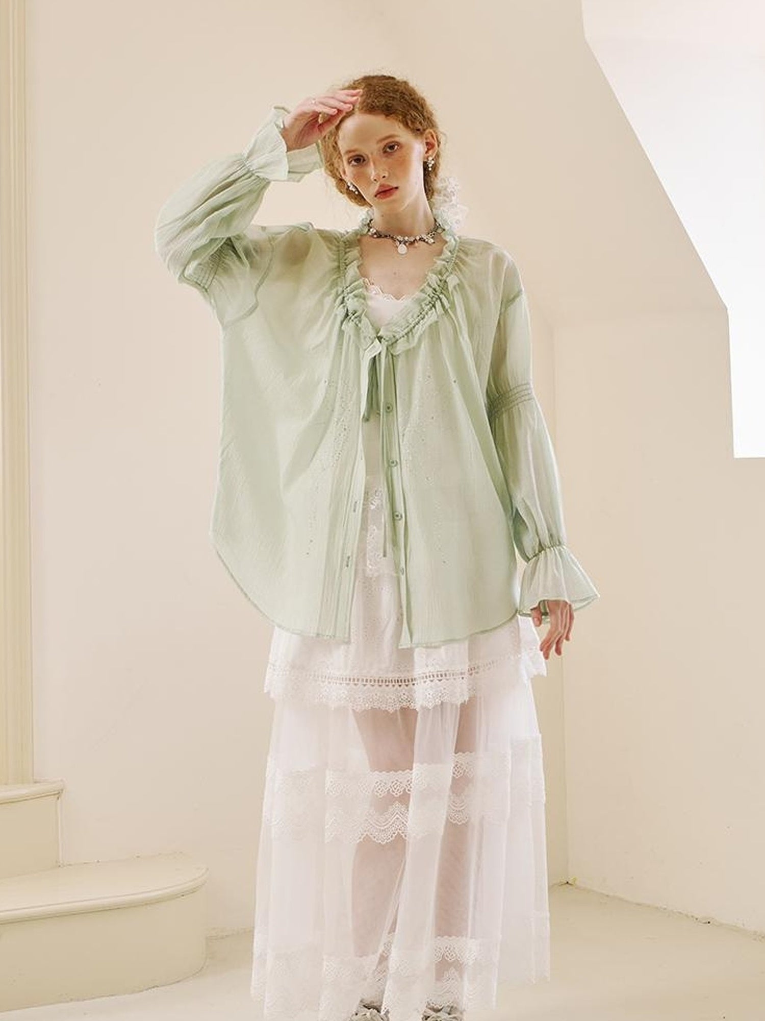 DIDDI MODA V Neck Embroidered Denim Shirt Jeans Set