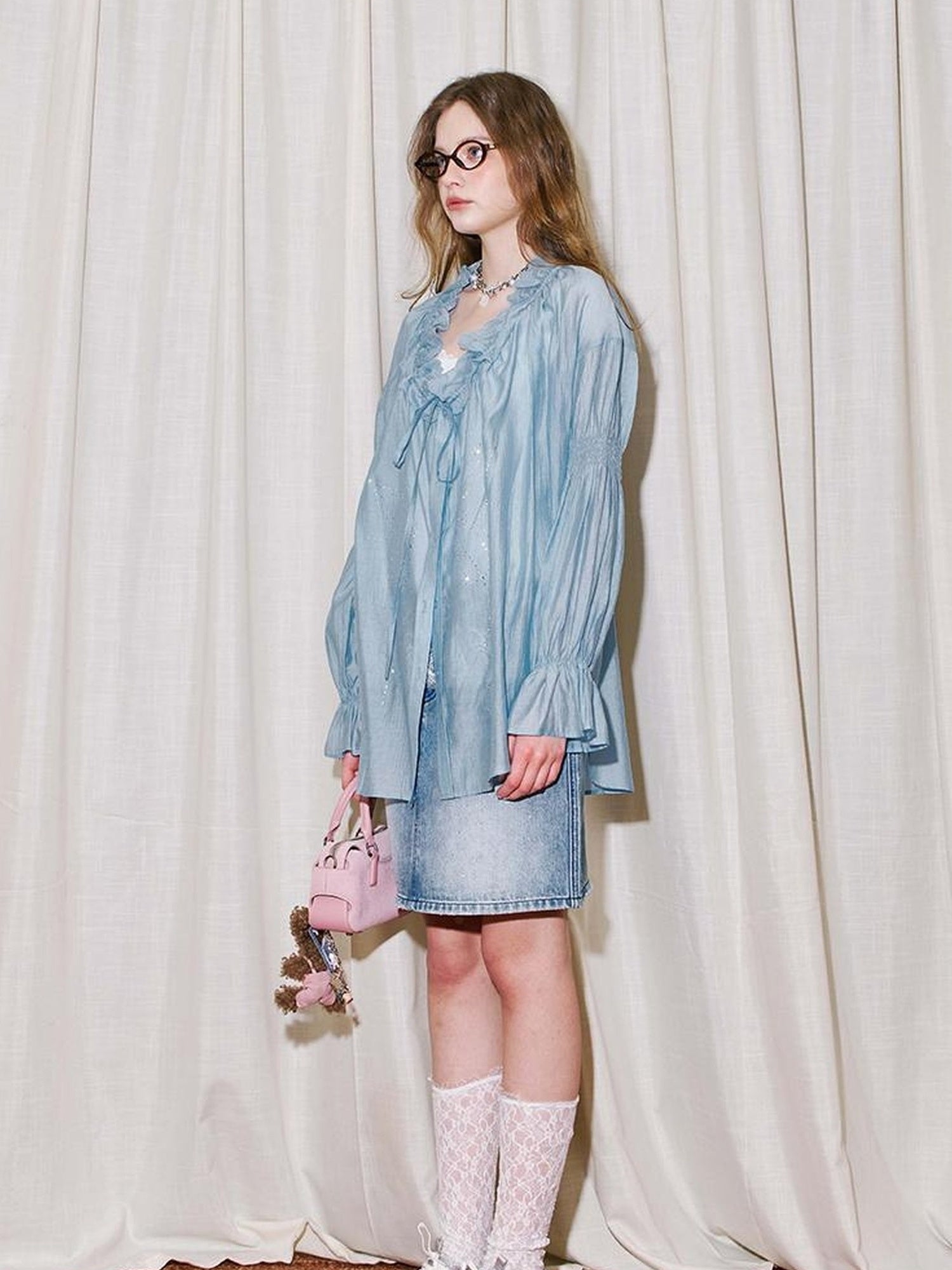 DIDDI MODA V Neck Embroidered Denim Shirt Jeans Set