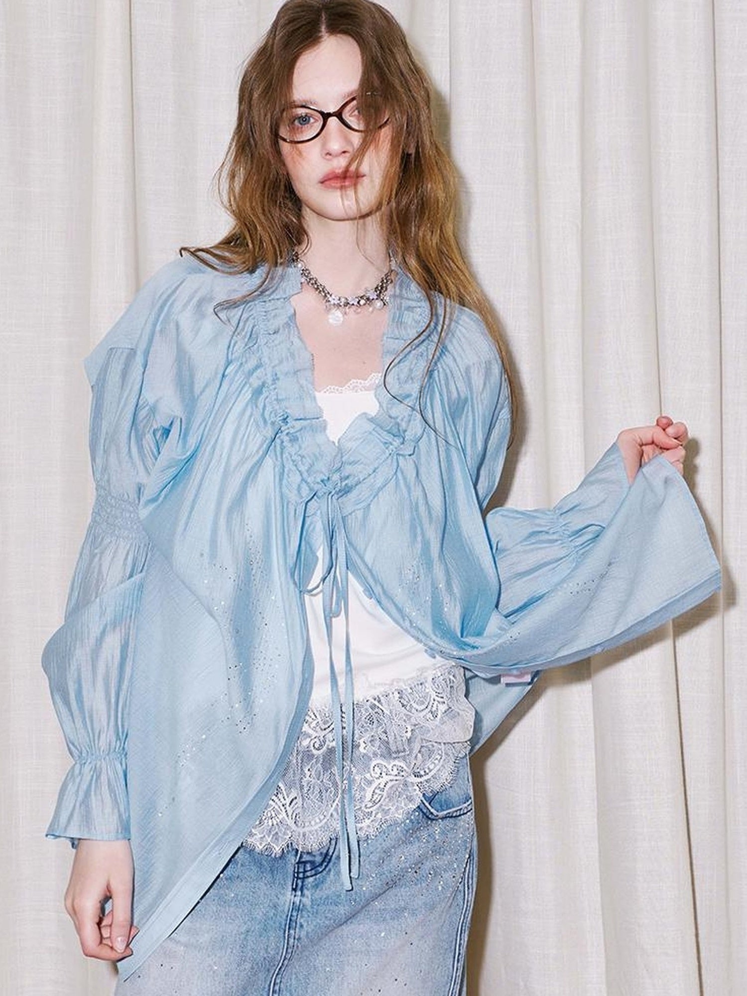 DIDDI MODA V Neck Embroidered Denim Shirt Jeans Set