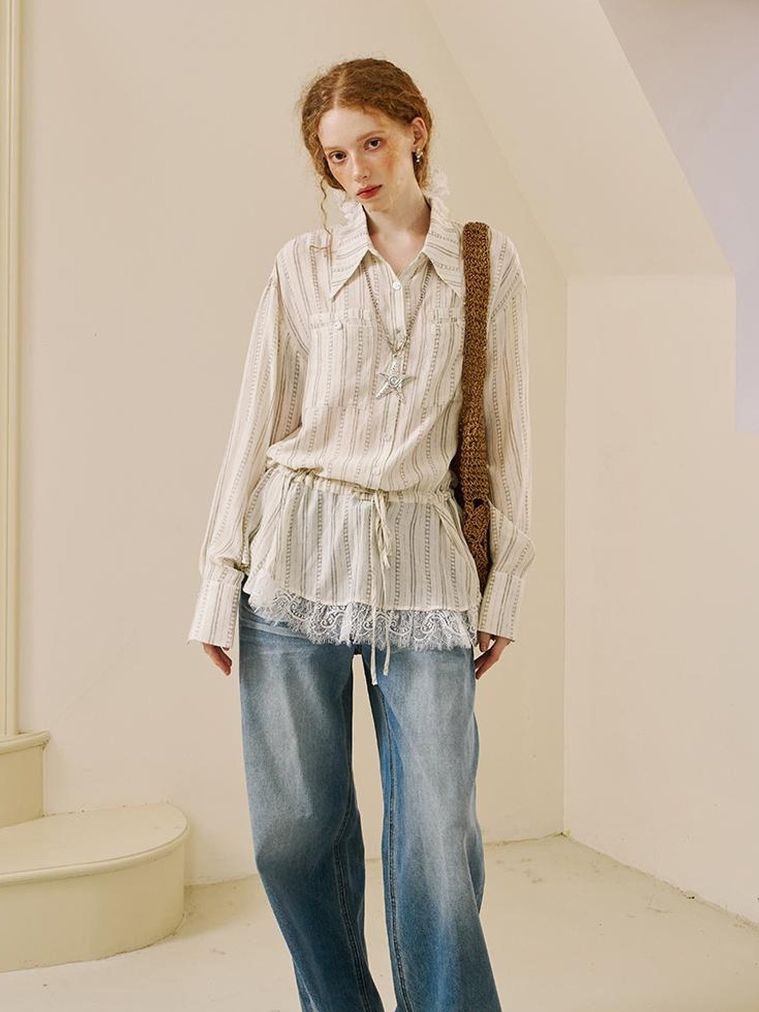 DIDDI MODA V Neck Embroidered Denim Shirt Jeans Set