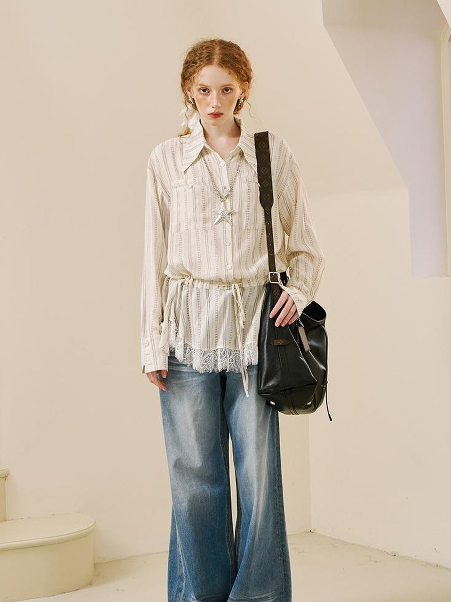 DIDDI MODA V Neck Embroidered Denim Shirt Jeans Set