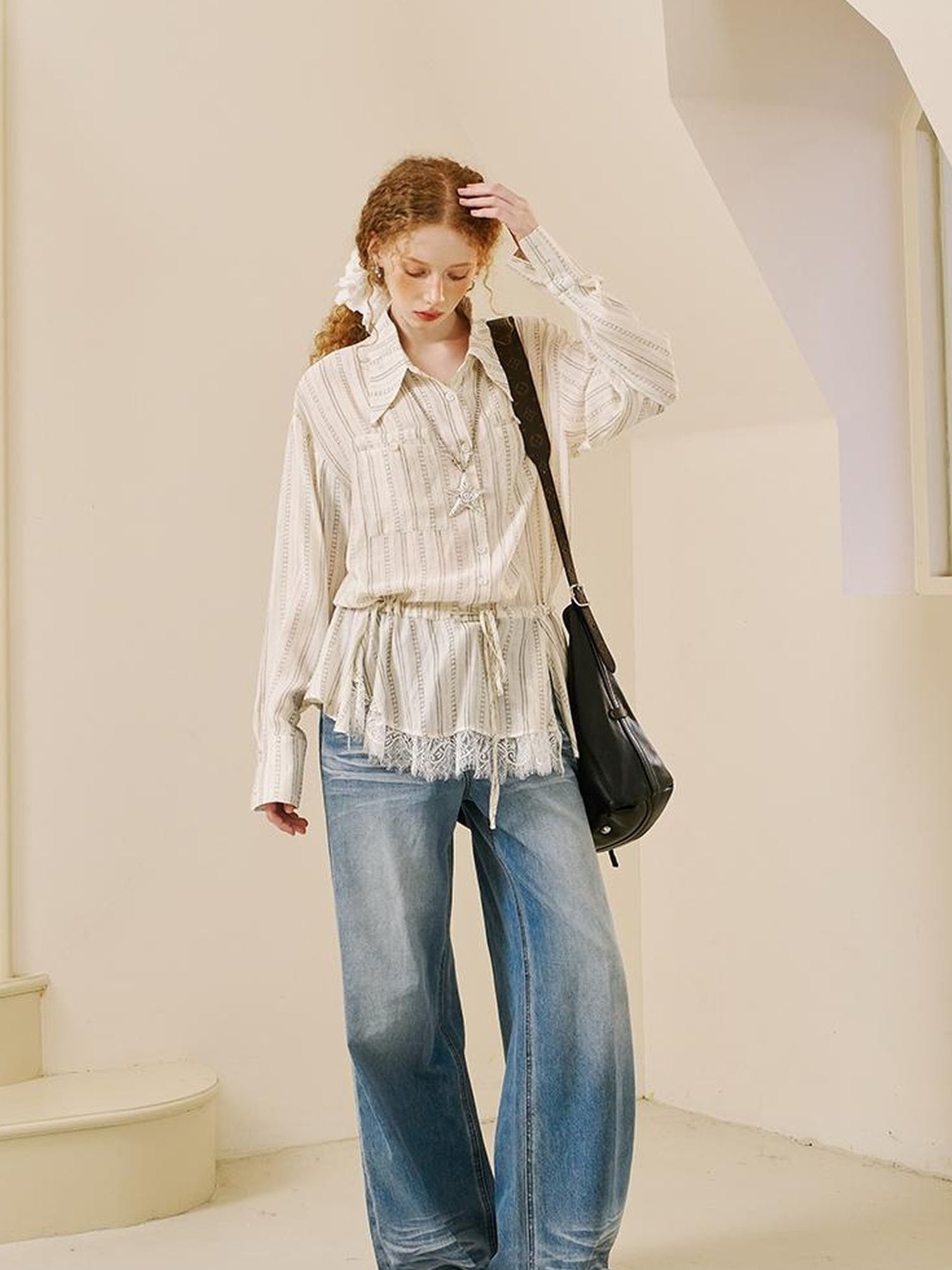 DIDDI MODA V Neck Embroidered Denim Shirt Jeans Set